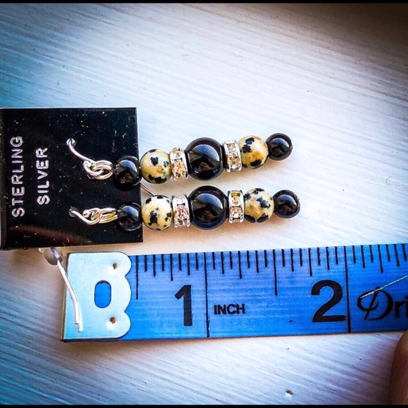 Dalmatian Jasper/Onyx/rhinestone/sterling silver earrings Handmade (by m… - Picture 3 of 6